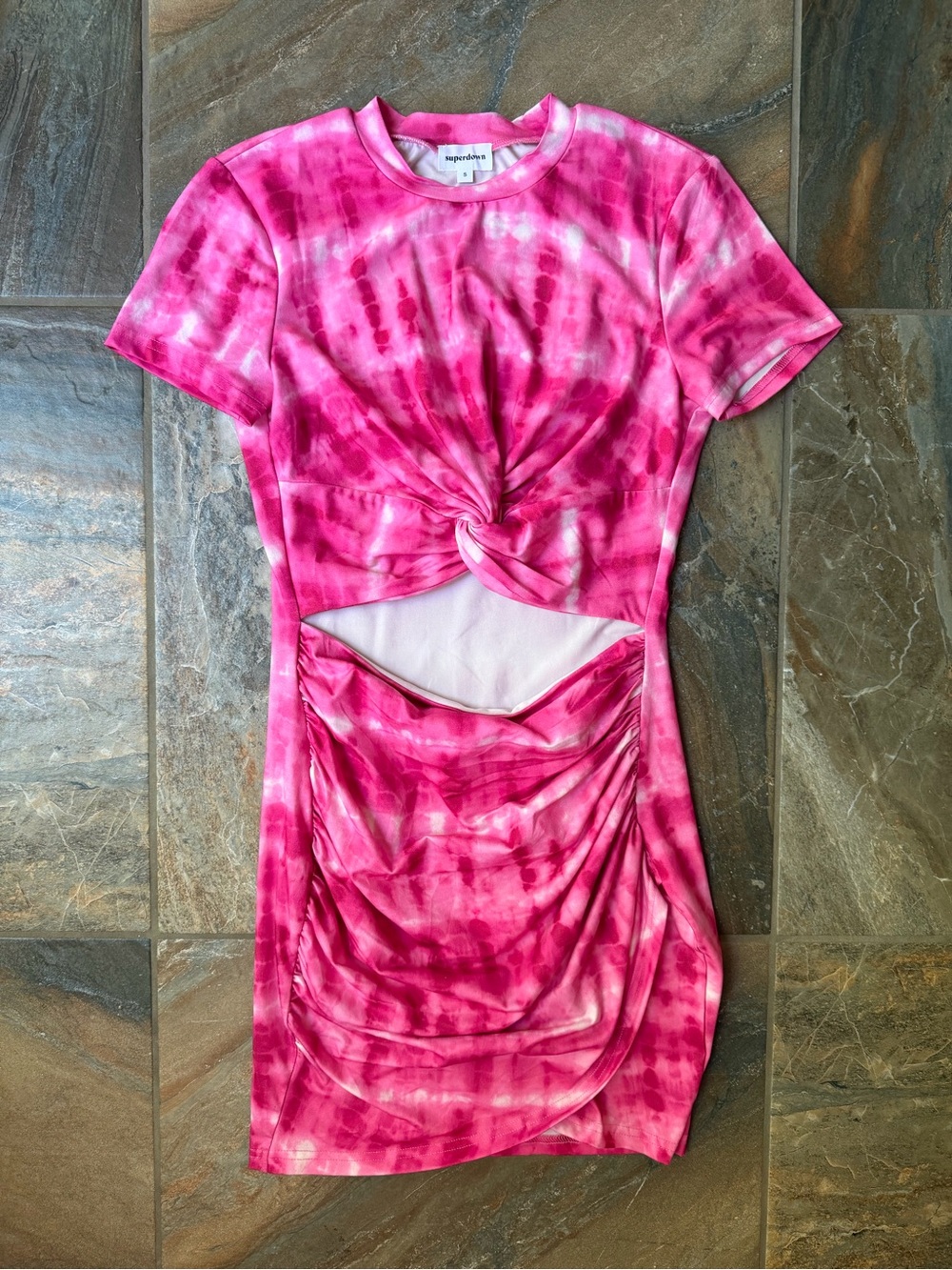 superdown Maureen Jersey Mini Dress Pink Tie Dye Cutout Front Twist Small S